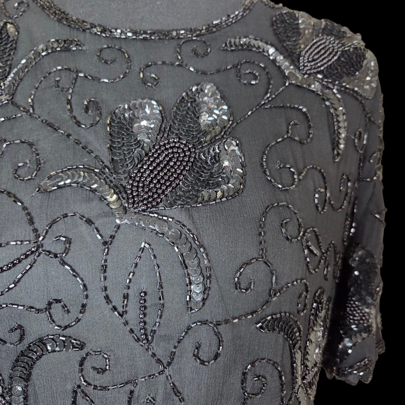 Stenay Black Beaded Floral Silk Blouse With Scalloped Sleeves And Hem Size Small - Picture 2 of 7